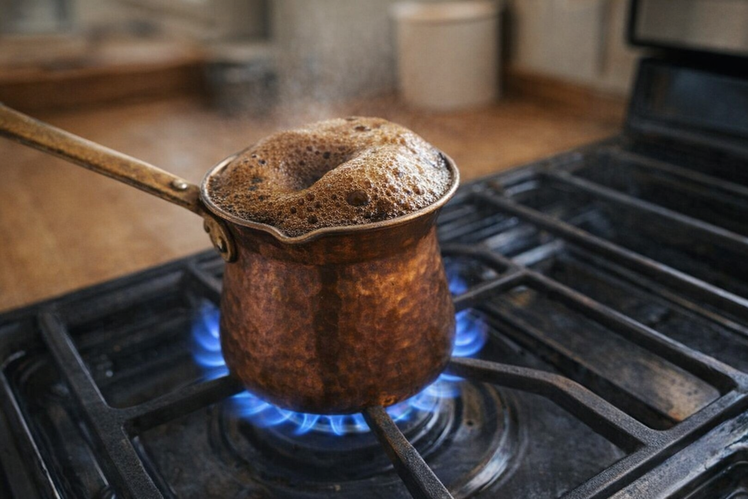 A close-up shot from above of the cezve on a gas stovetop, dark foam beginning to rise, blue flame visible, kitchen setting